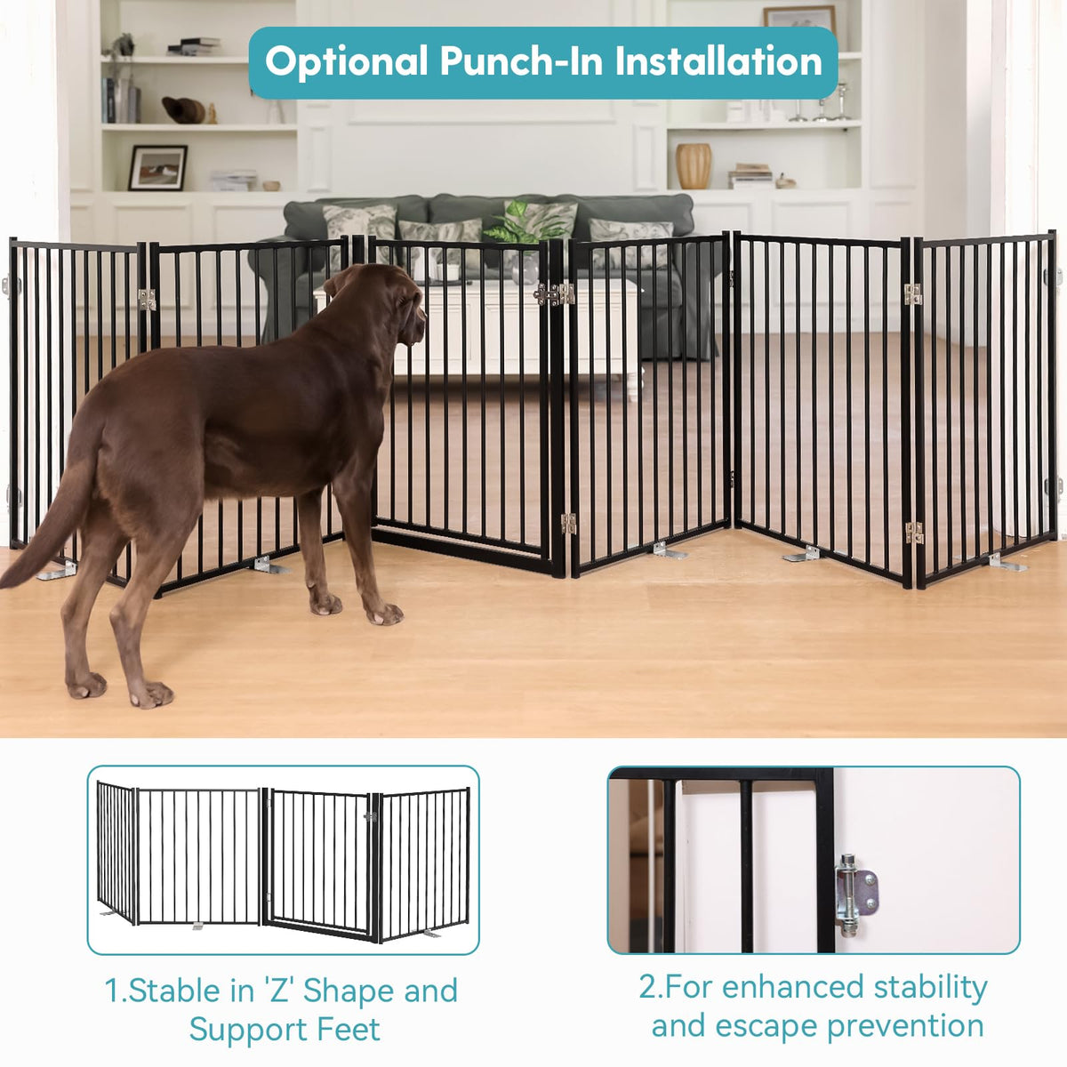 Freestanding Dog Gate with Door for Indoor & Outdoor (Black / 【6 Panels with Door】156"W×30"H)