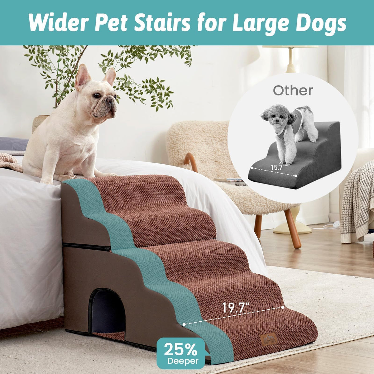 Extra Wide Small Dog Stairs with Tunnel (Brown / Detachable 19.7" x 33" x 22.4")
