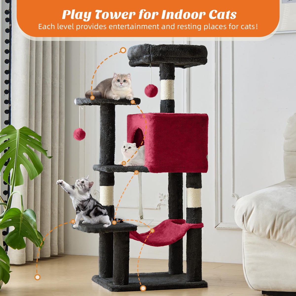 44 in Cat Tree Tower with Natural Sisal Scratching Posts (Black Red / 43.6"×13.7"×17.7")