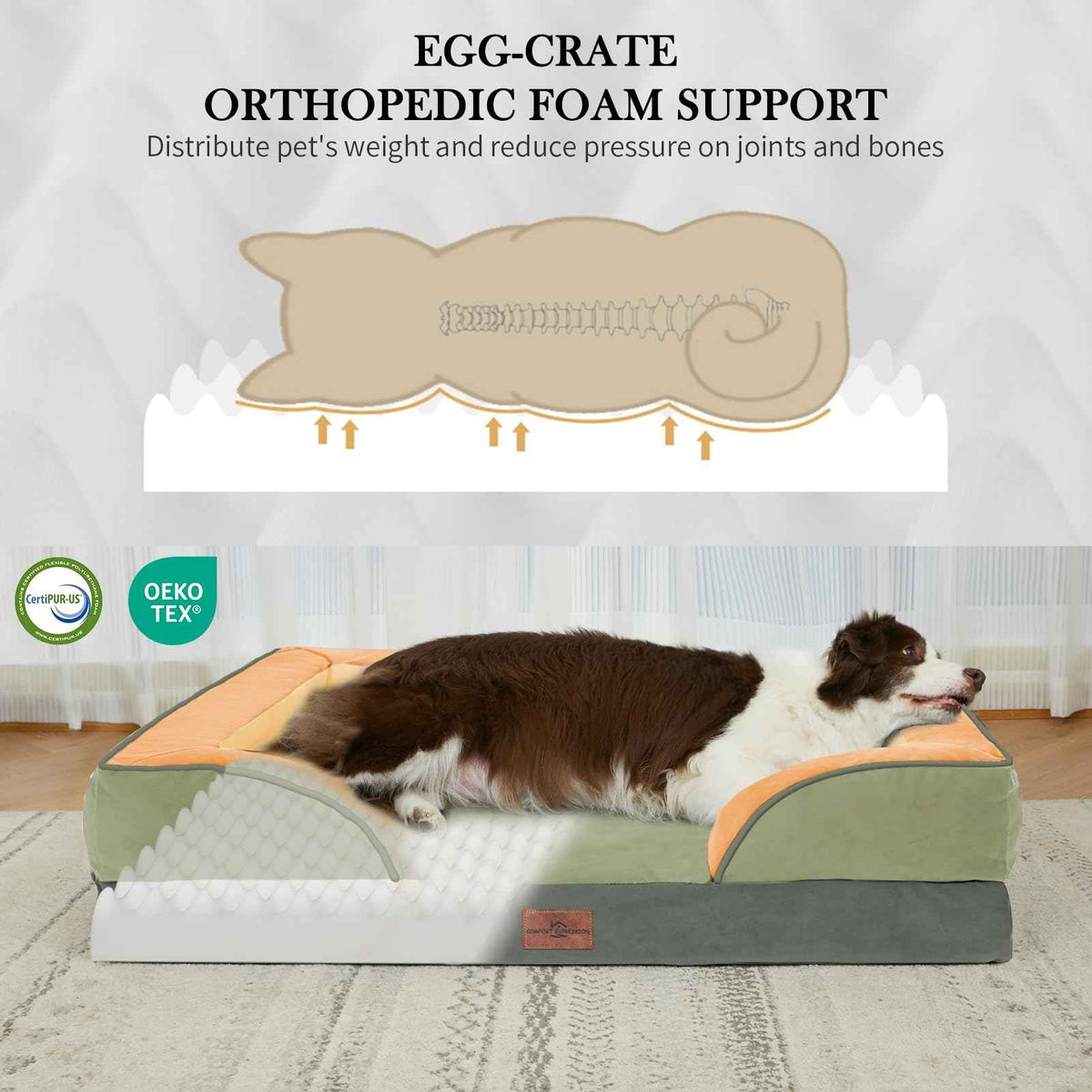 Orthopedic Dog Beds for Large Sized Dog with Bolster (36.0"L x 27.0"W x 8.0"Th / Avocado)