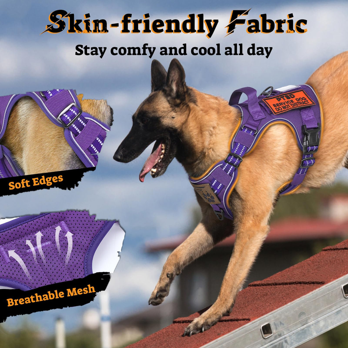 Tactical Dog Harness for Large Dogs (Xl(chest:23.6"-41.8",neck:21.7"-32.3",back:9.1") / Purple)