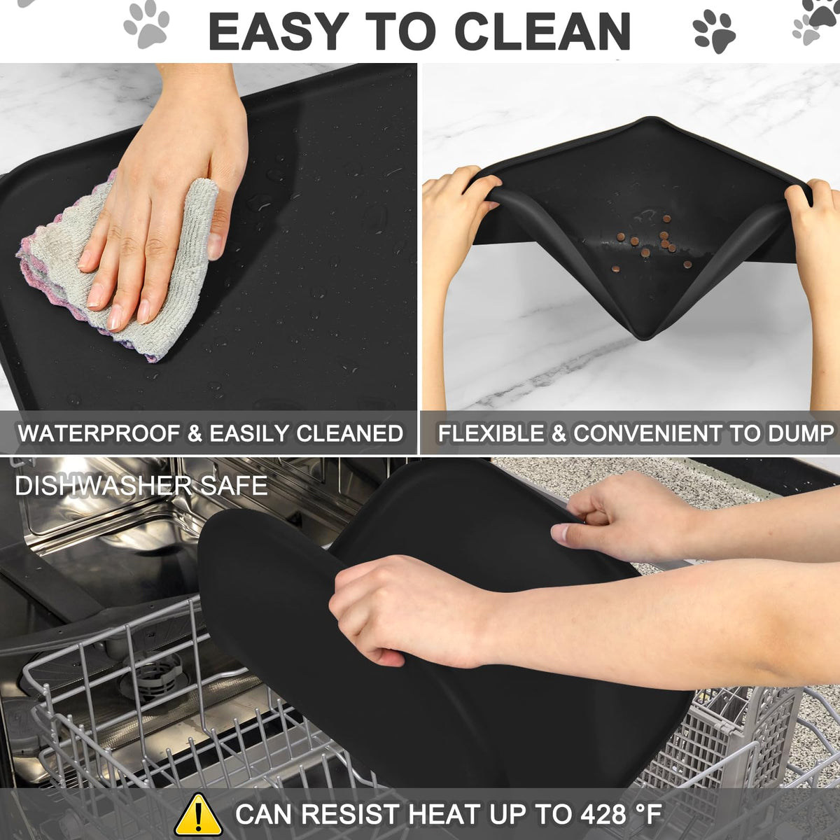 Waterproof Silicone Pet Food Mat with Raised Edge for Dog & Cat (19"L x 12"W / Black)