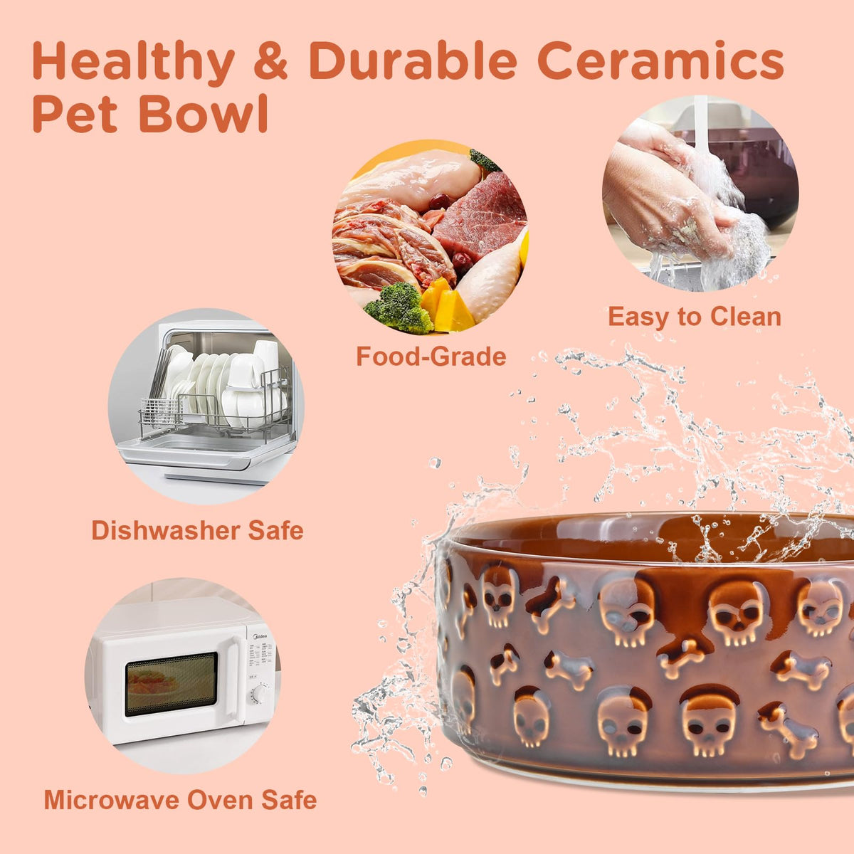 Elevated Dog Bowls Ceramic (8.3 in - 7.6 cups / Bronze - Skull)