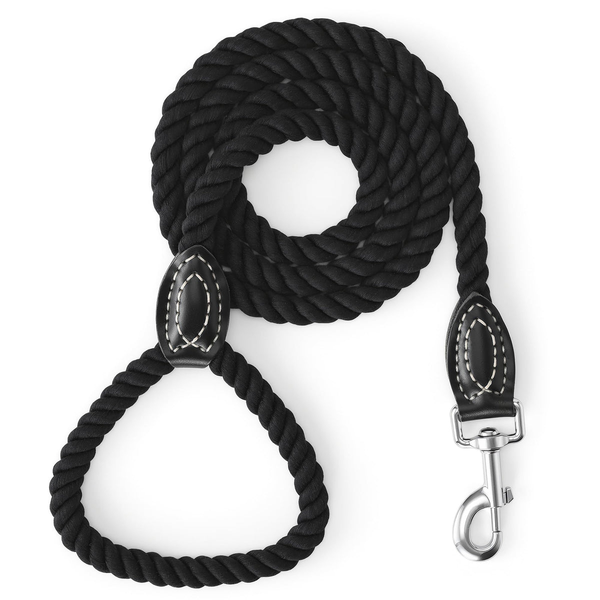 Dog Leash Braided Cotton Rope with Leather (Black / 60 Inch-1/2")