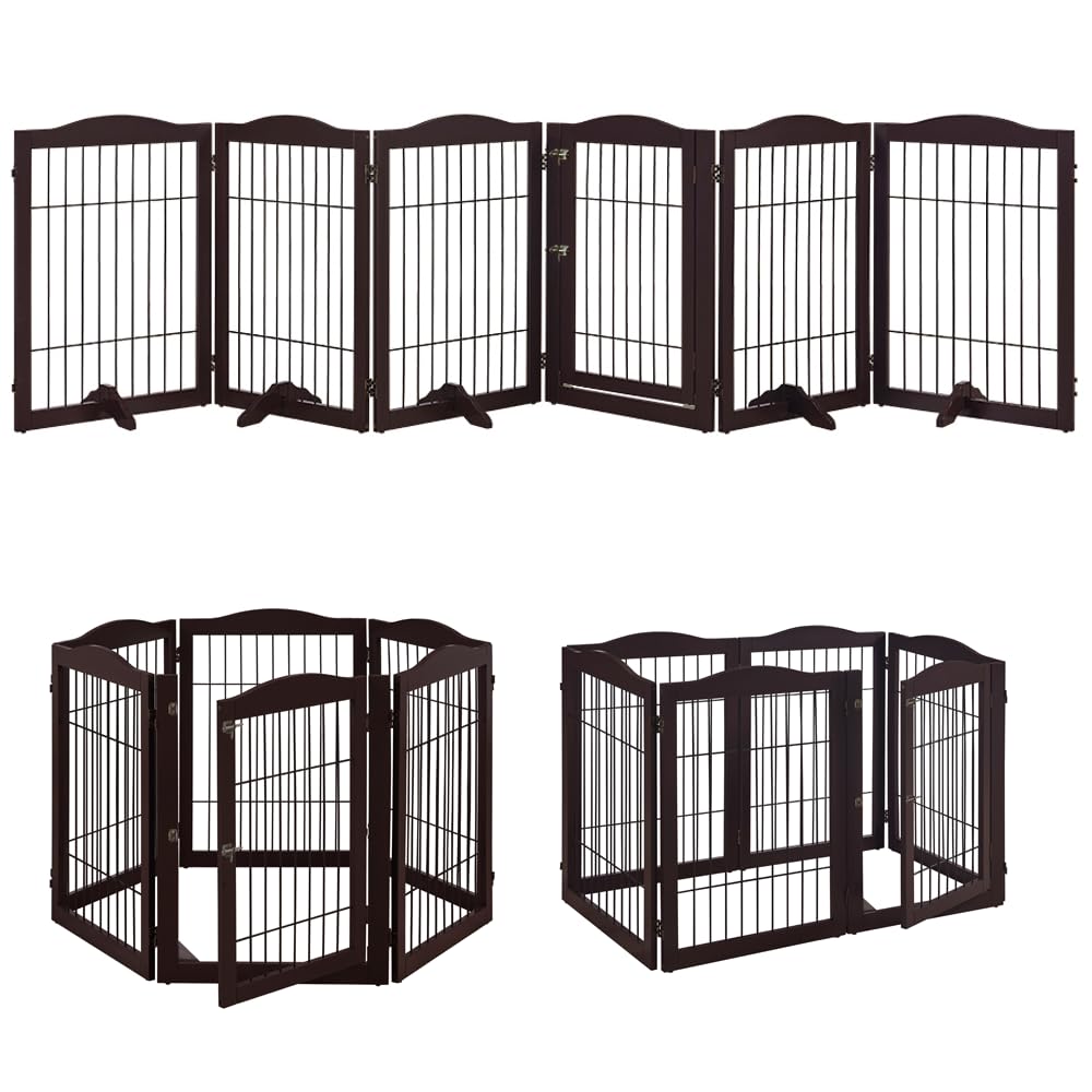 132" Extra Wide Dog Gate and Pet Playpen with Walk Through Door (Espresso / 132"W×31.5"H)