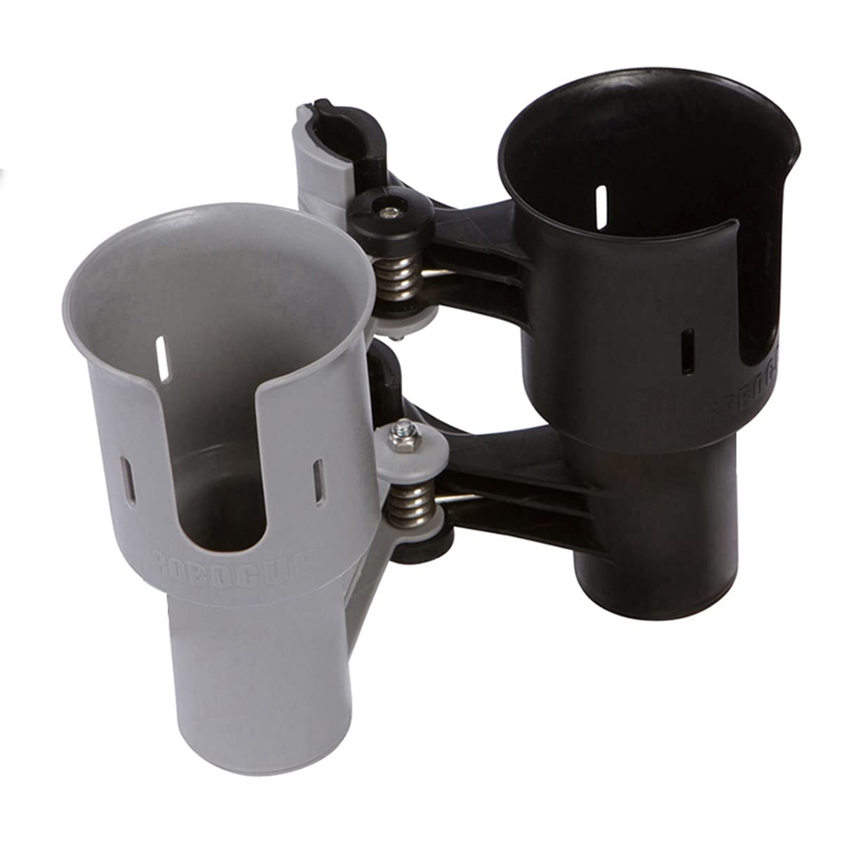 Black&Gray), Patented Clamp On Boat Cup Holder | Multifunction Dual Drink Caddy for Fishing Poles, Tools, Net, Gaff | Portable Storage for Boating, Beach, Umbrellas, Golf Carts, Strollers (Black & Gray / Standard Spring)