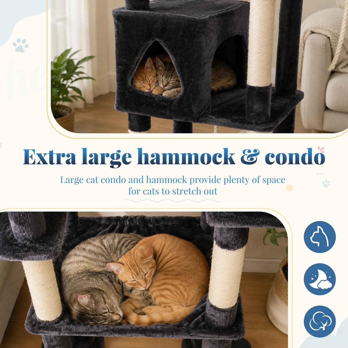 Cat Tree Tower with Stable Extended Base (Smoky Gray / 71.9 Inches)