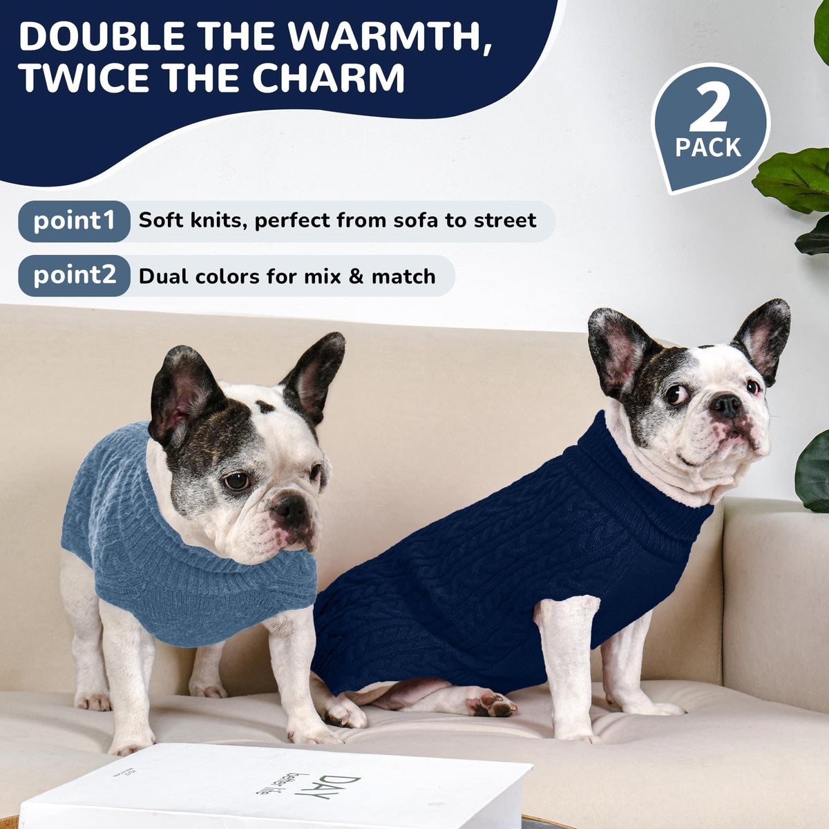 Dog Sweater 2 Pack for Medium Dogs (Navy & Blue / Large)