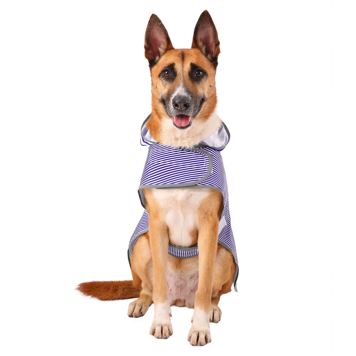 Dog Raincoat for Large Dogs Puppies Waterproof Jacket Hooded Rain Coats with Reflective Strips Leash Hole & Poncho Adjustable Fit (Blue white Stripes / XX-Large)