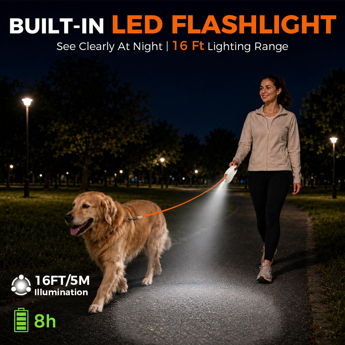 Glowie Retractable Dog Leash with LED Light (LED Light-Ivory-16ft)