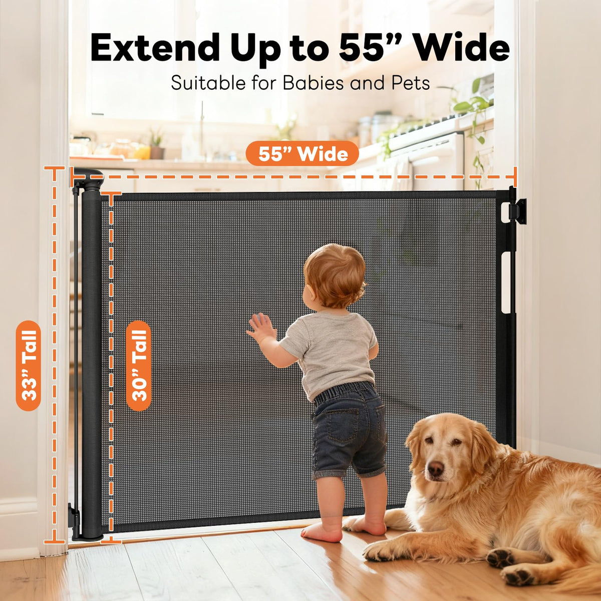 Retractable Baby Gates for Doorways (Black / 33'' Tall X 55'' Wide)