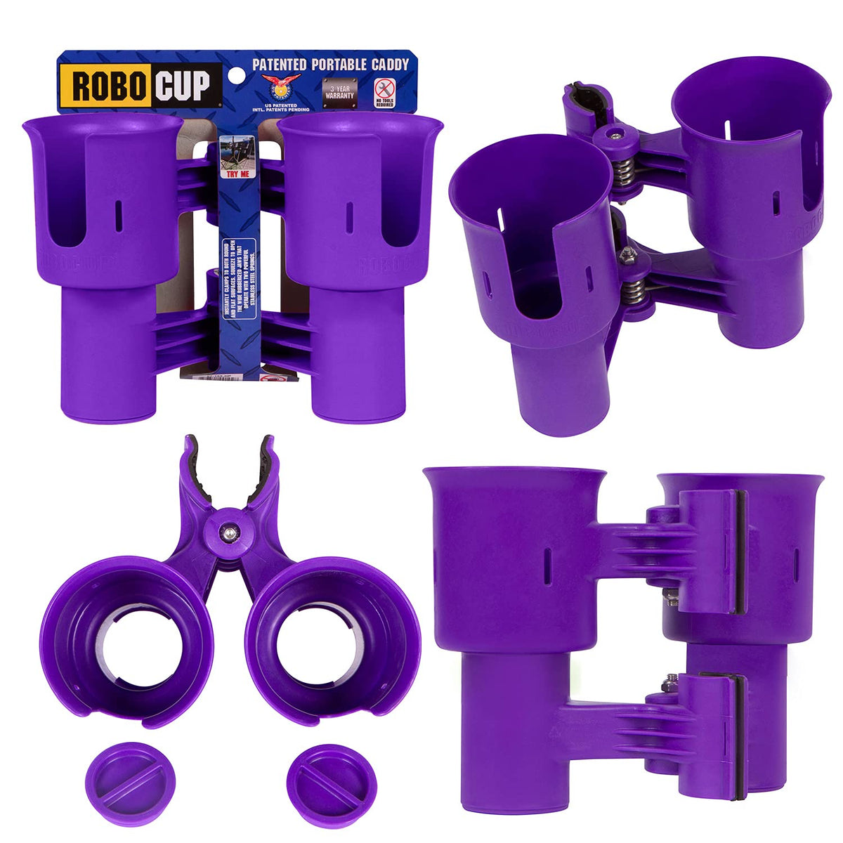 Purple EZ-Spring), Patented Clamp On Boat Cup Holder |Multifunction Dual Drink Caddy for Fishing Poles, Tools, Net |Portable Storage for Boating, Beach, Umbrellas, Golf Carts, Strollers (Purple / EZ-Spring)