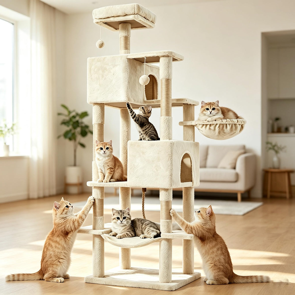 66 Inch Large Cat Tree Tower with Scratching Posts (Beige / 66.9"×18.9"×18.9")