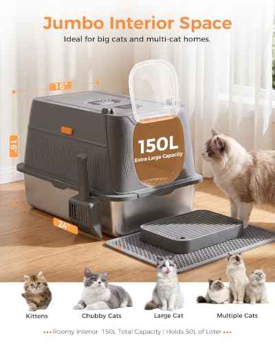 XL Stainless Steel Cat Litter Box with Lid (Gray / 24" L × 16" W × 16" H)