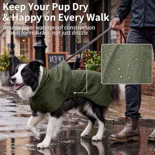 Dog Raincoat Full Body Coverage Waterproof Windproof Hooded Jacket (Green / Large)
