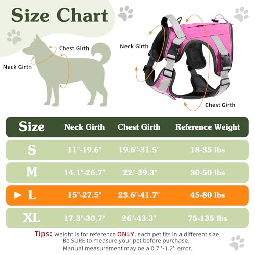 Heavy Duty Tactical Dog Harness for Large Dogs (Pink / L (Chest: 23.6-41.7", Neck: 15-27.5"))