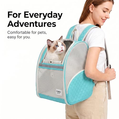 Cat Backpack Carrier for Small Dogs and Medium cat Puppy Kitten Bunny Pet Carrier Backpack Collapsible with Fully Ventilated Mesh with Safety Leash (LightGreen / 12.9"L x 10.62"W x 15.5"H)