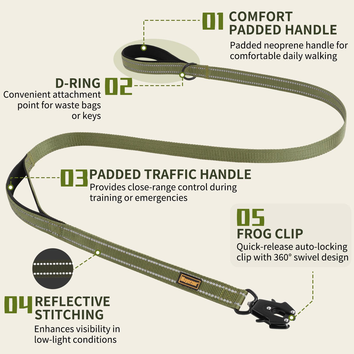 4FT Tactical Heavy Duty Dog Leash No Pull with 2 Padded Handles (Army Green / 4FT)