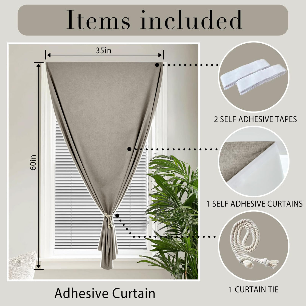 100% Blackout Magic Tape Stick On Curtains Window Shades Pull Down Blackout Window Cover No Drillng Self Adhesive Curtains No Rod Small Windows (34"W x 60"L (Pack of 1) / Light Brown)