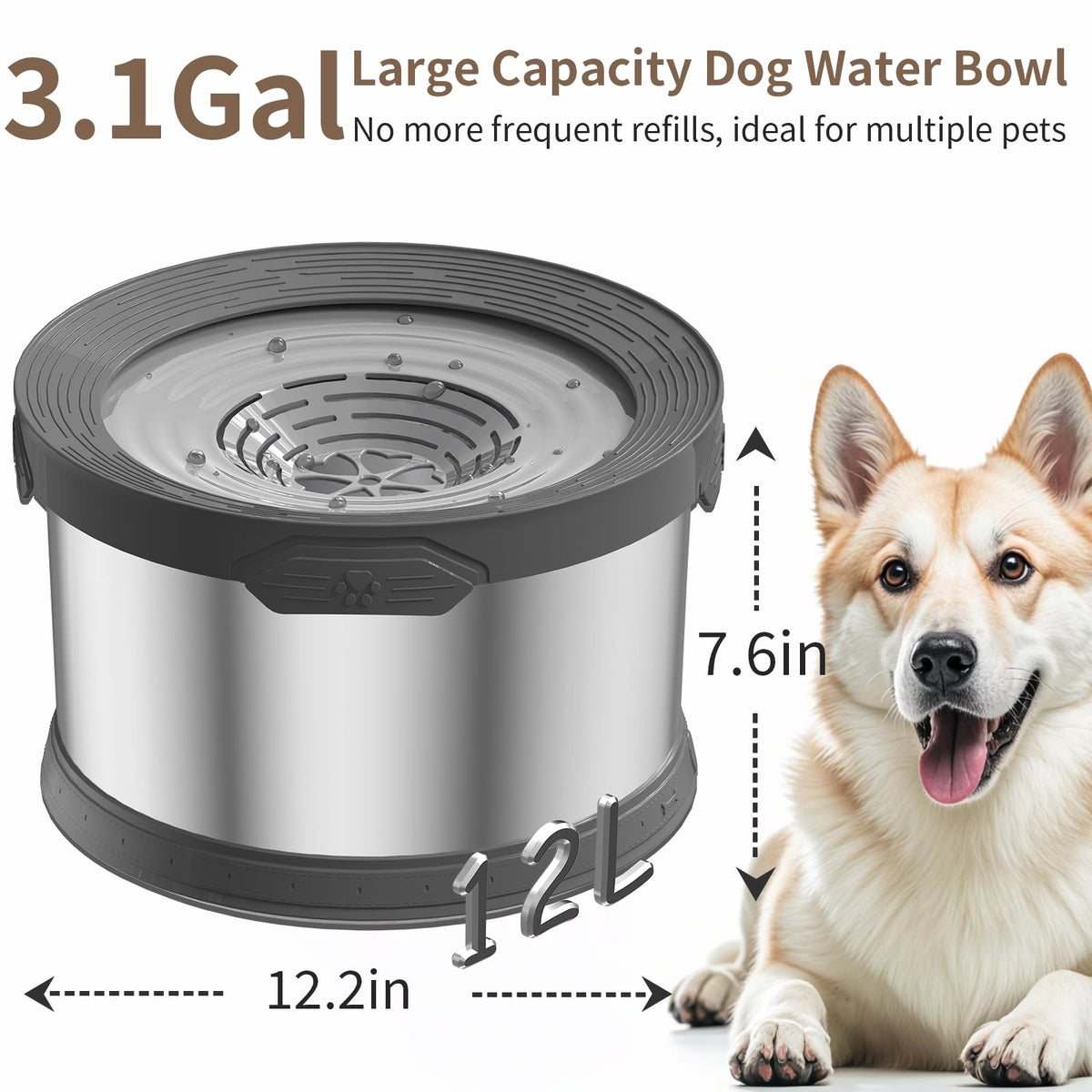 12L Dog Water Bowl No Spill 3.1 Gallon Super Large Capacity Stainless Steel No Splash Dog Bowls 405oz Slow Drinking Feeder with Non