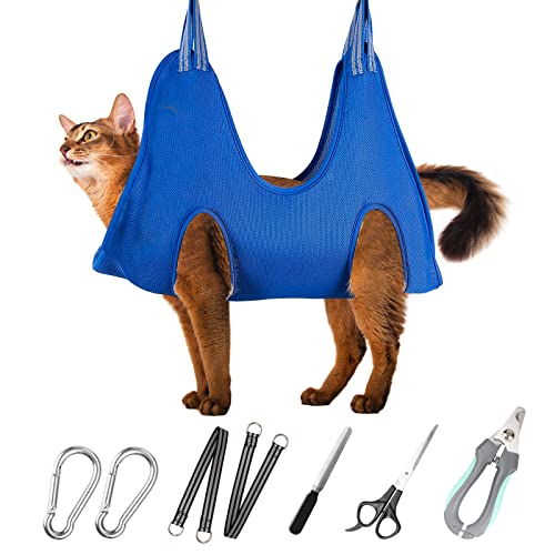 Pet Grooming Hammock Harness for Cats & Extra (XS for Cats & Tiny Dogs 15LB / Blue)
