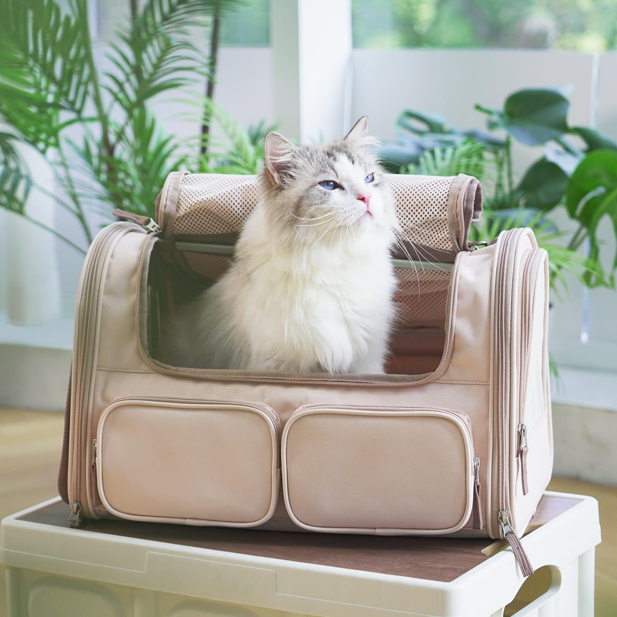 Cat Carrier Airline Approved Dog Carrier with Rollable Cover (Pink)