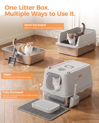 XL Stainless Steel Cat Litter Box with Lid (Light Gray / 24" L × 16" W × 16" H)