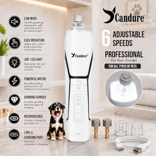 Whisper Quiet Dog Nail Grinder with 360 Degree LED Light (White)