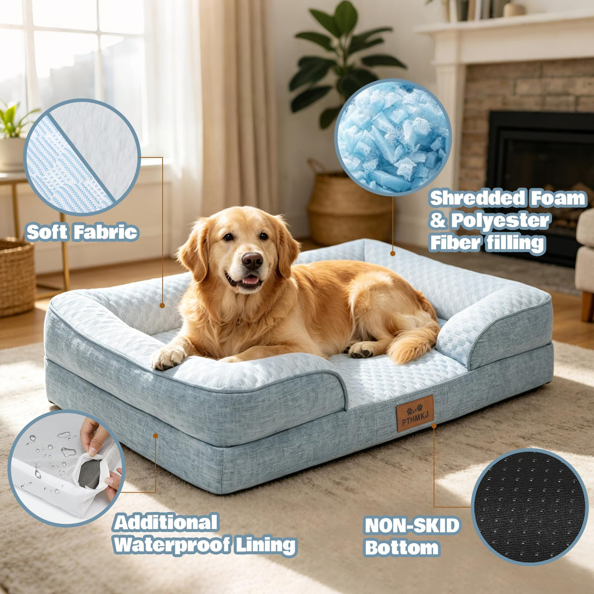 Orthopedic Extra Large Dog Bed (Light Blue/Light Grey / 44.0" L x 31.5" W x 7.5" Th)
