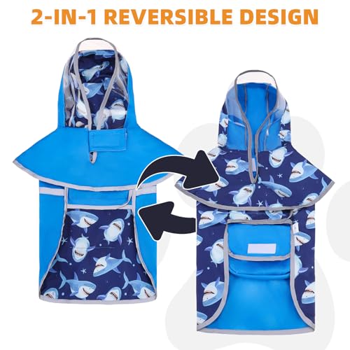 2-in-1 Reversible Small Dog Raincoat, Hooded Rain Jacket Poncho (S:5-15lbs / blue)