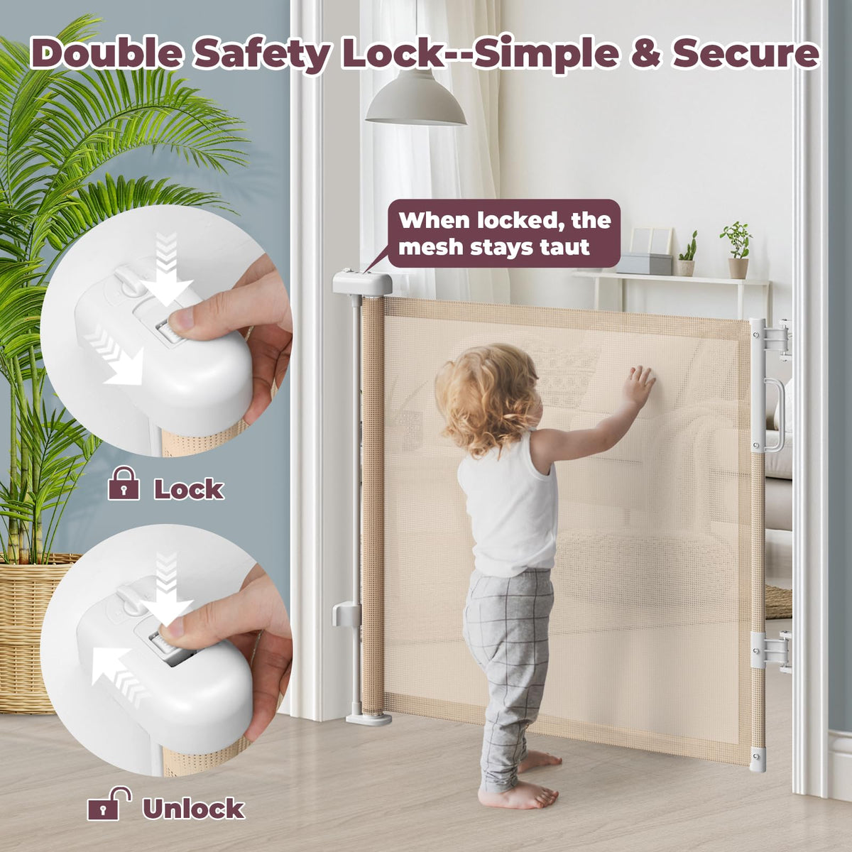 76" Retractable Baby Gates Extra Wide (Beige / 34" Tall x 76" Wide)