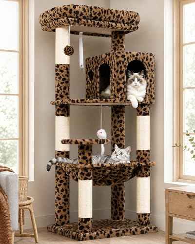 Leopard Cat Tree Tower with Scratching Post for Indoor Cats (Leopard Print / L)
