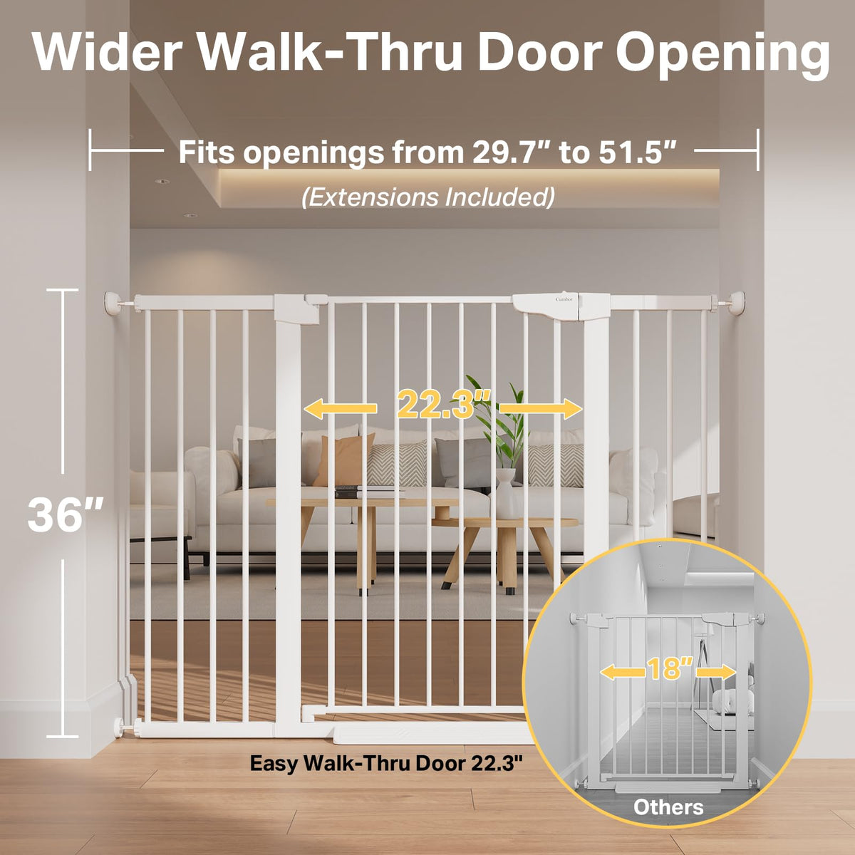 36 in Extra Tall Baby Gate for Stairs (White / 29.7-51.5"W x 36"H)
