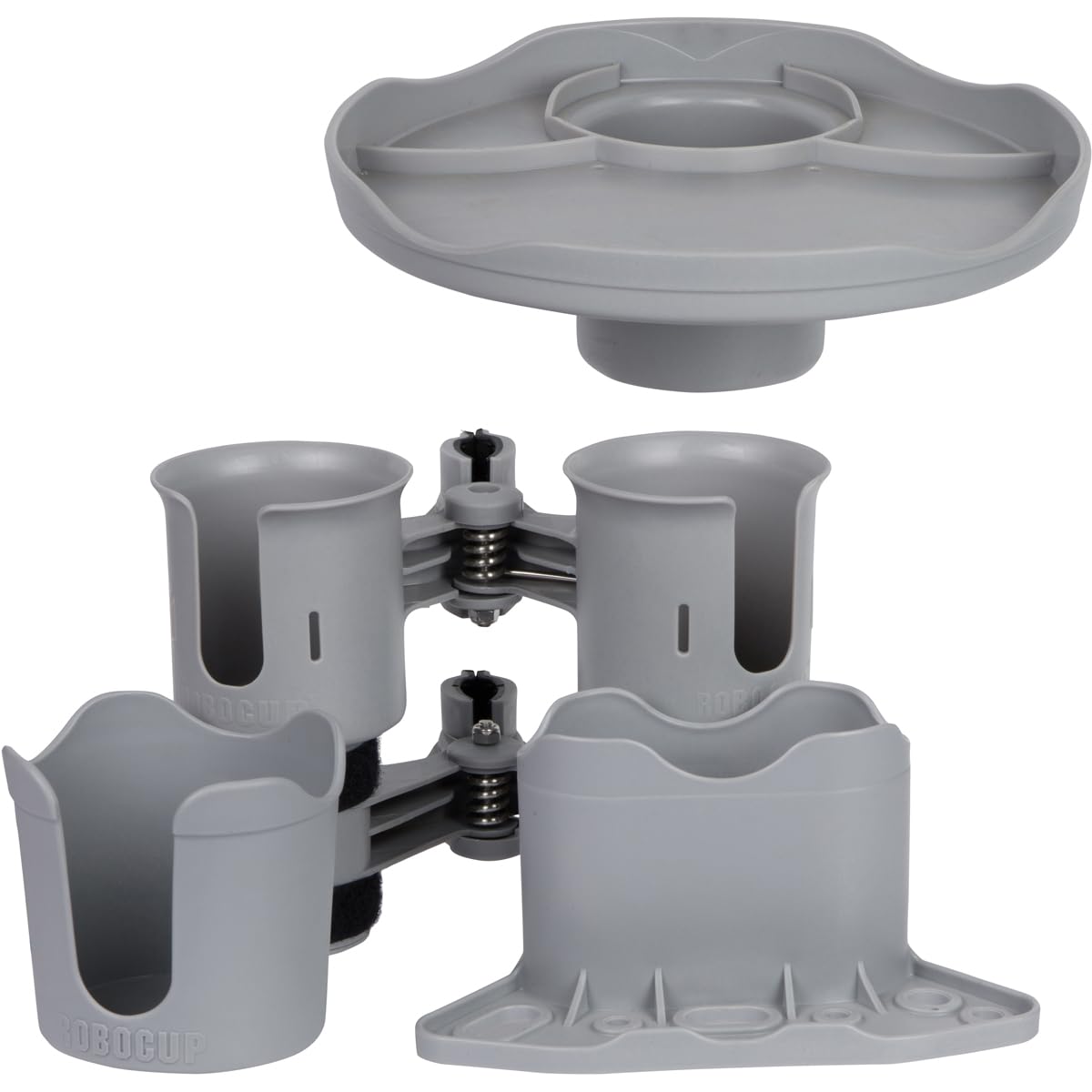 Gray), Patented Clamp On Boat Cup Holder |Multifunction Dual Drink Caddy for Fishing Poles, Tools, Net, Gaff |Portable Storage for Boating, Beach, Umbrellas, Golf Carts, Strollers (Gray / Standard Spring)