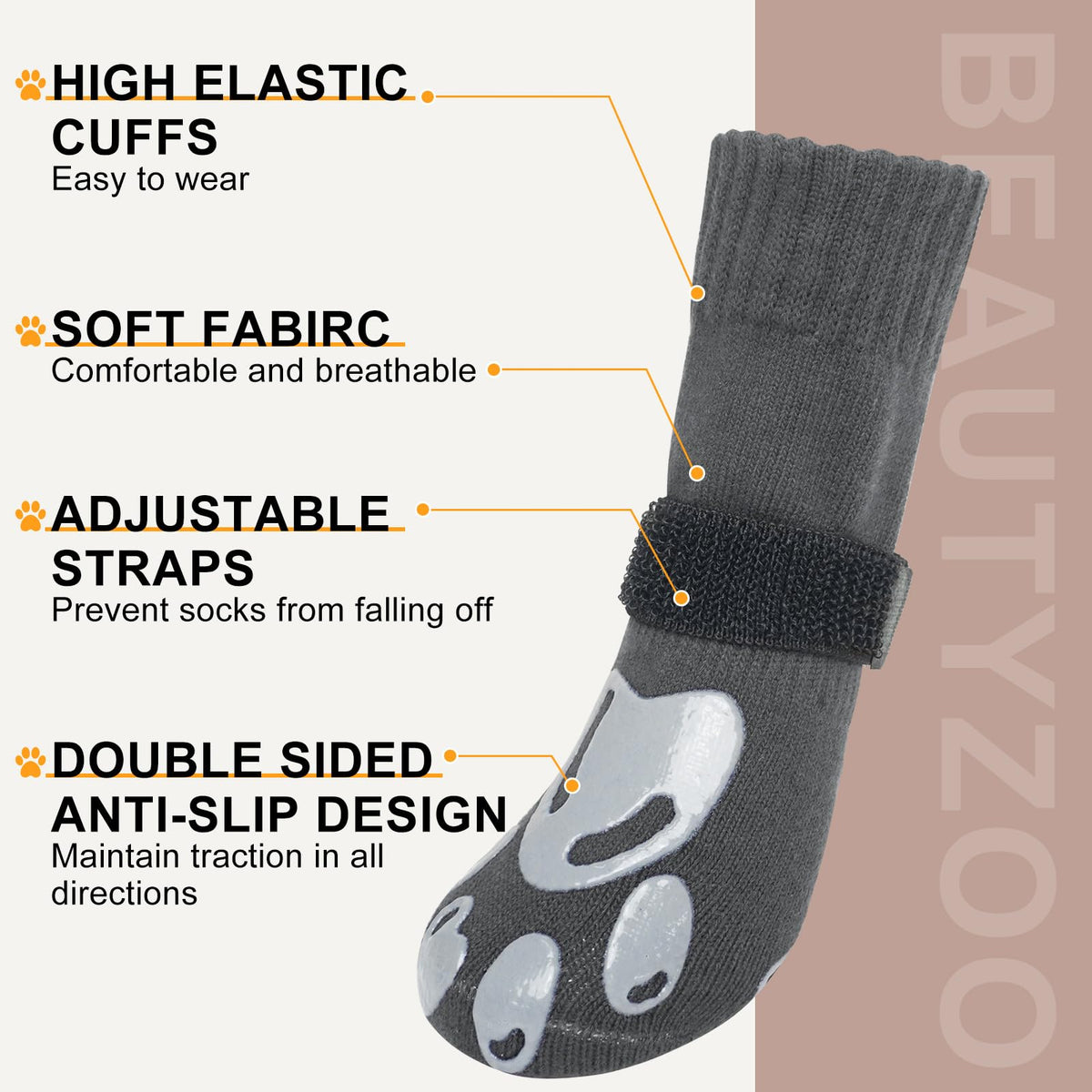 Dog Socks to Prevent Licking Paws Double Sided Grip Traction (Grey(paw) / M(2.1"-2.55" W | Pack of 4))