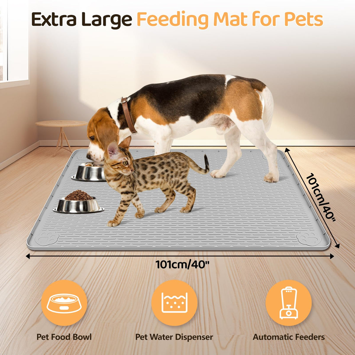 Dog Food Mat 40''x40'' Extra Large Dog Mat for Food and Water (40"L x 40"W / Light Grey)