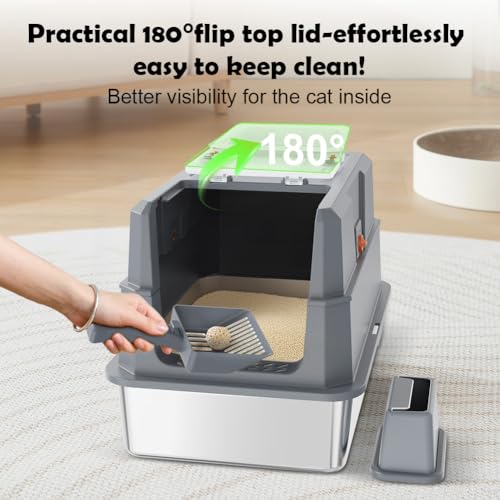 XL Stainless Steel Cat Litter Box with 180°Flip‑Top Lid (Dark Gray)