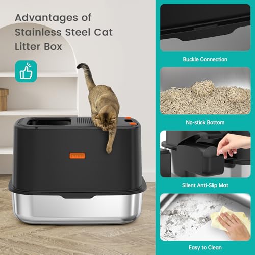 XL Stainless Steel Cat Litter Box with Lid (V-Black)