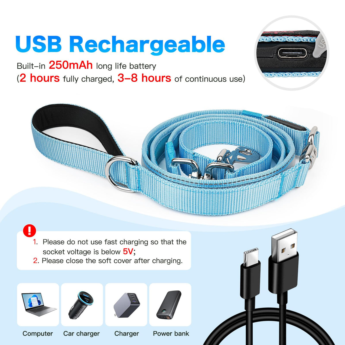 LED Light Up Dog Leash (Blue / 6Ft(Three-section))