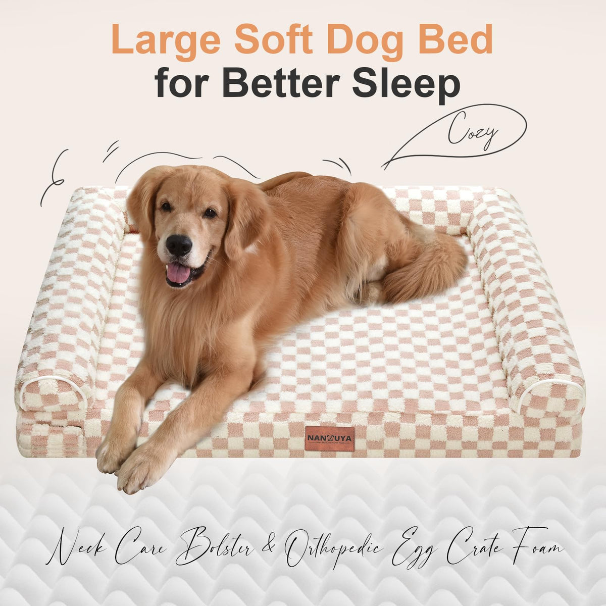 Orthopedic Dog Bed for Large Dogs (Pink Grid / 36.0"L x 27.0"W x 6.5"Th)