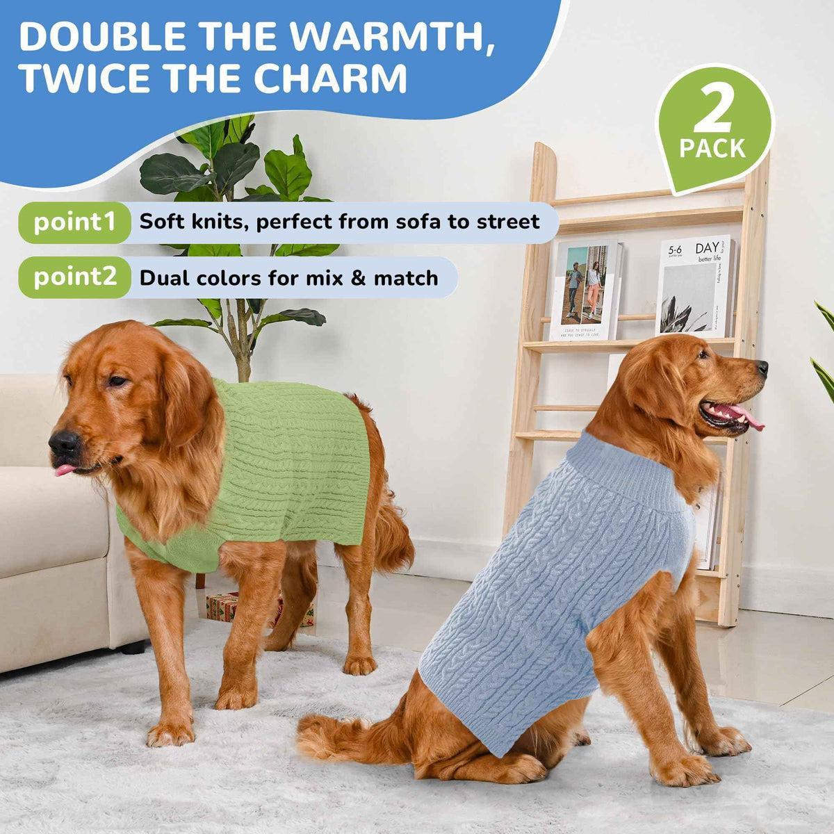 Dog Sweater 2 Pack for Large Dogs (Blue & Green / XX-Large)