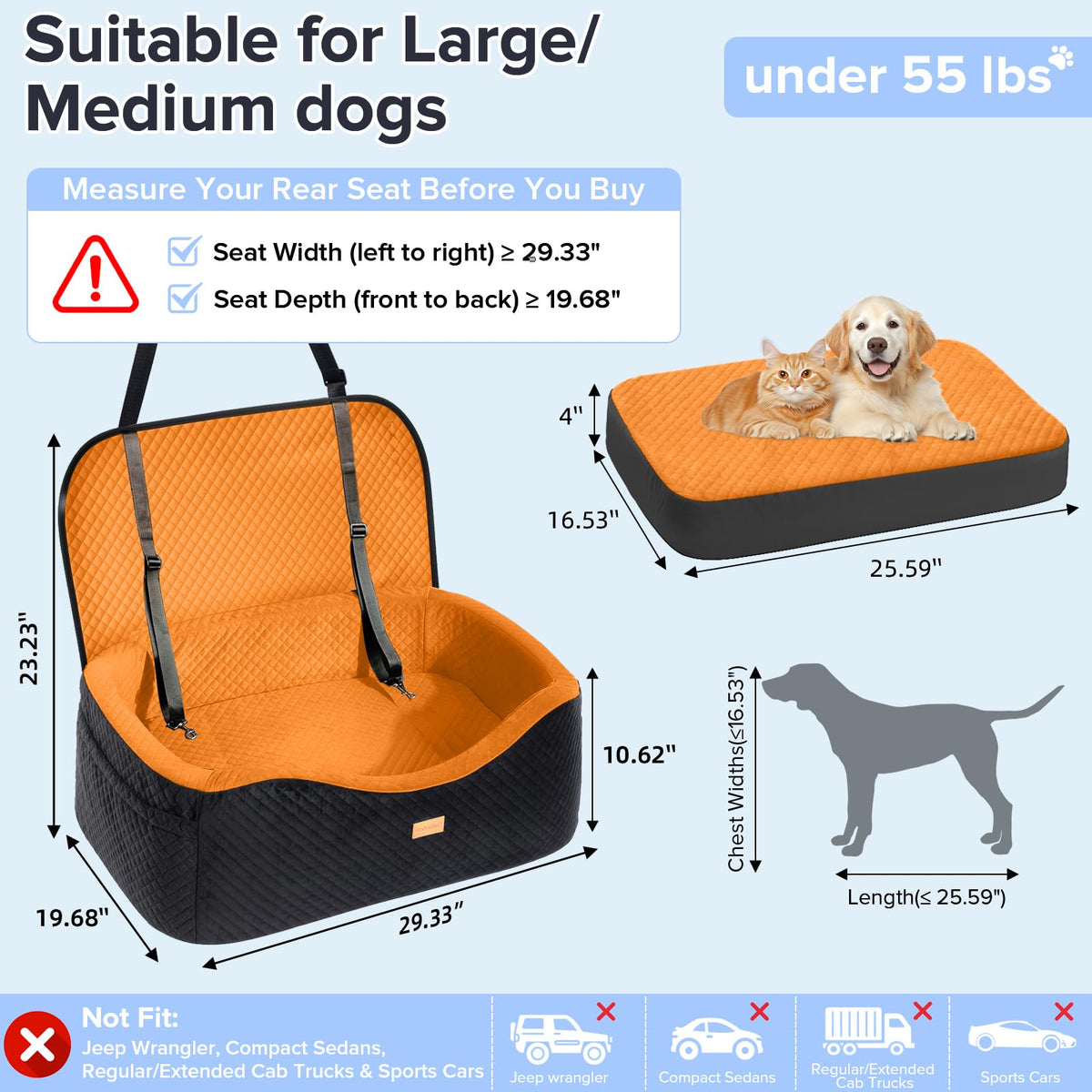 Large Dog Car Seat for Medium Sized Dogs Under 55lbs or 2 Smalls (Bright Orange / Large)