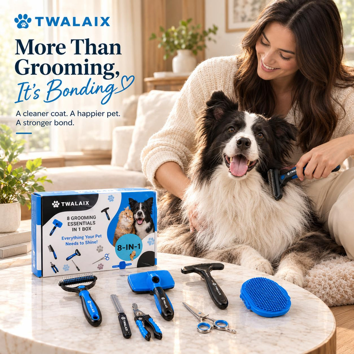 8-in-1 Dog Grooming Kit, Pet Grooming Kit for Dogs & Cats, Professional Cat Brush Set with Slicker Brush, Undercoat Rake, Flea Comb, Nail Clipper, Scissors & Bath Brush (8 Count (Pack of 1))