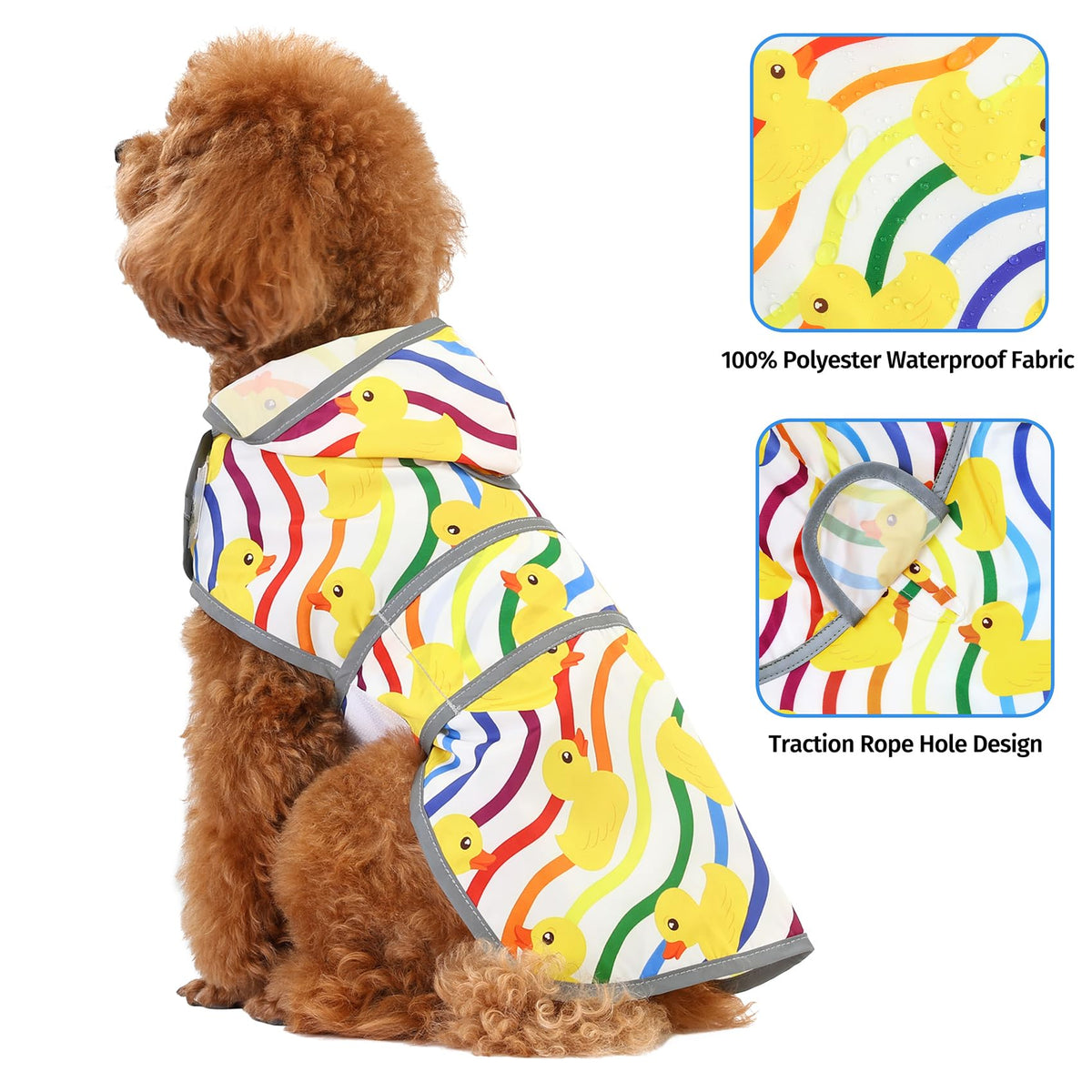 Dog Raincoat for Small Dogs Puppies Waterproof Jacket Hooded Rain Coats with Reflective Strips Leash Hole & Poncho Adjustable Fit (Rainbow Ducks / Small)