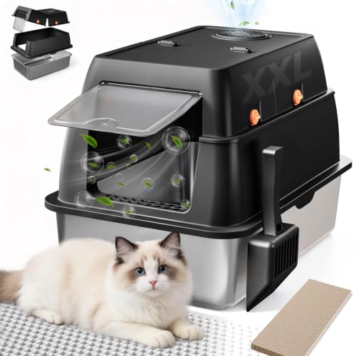XXL Stainless Steel Cat Litter Box with Lid (Black / 23" L × 16" W × 18" H)