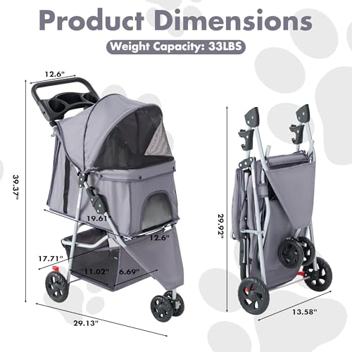 Foldable 3 Wheel Pet Stroller for Dogs and Cats (Grey / 29.13"×39.37"×17.71")