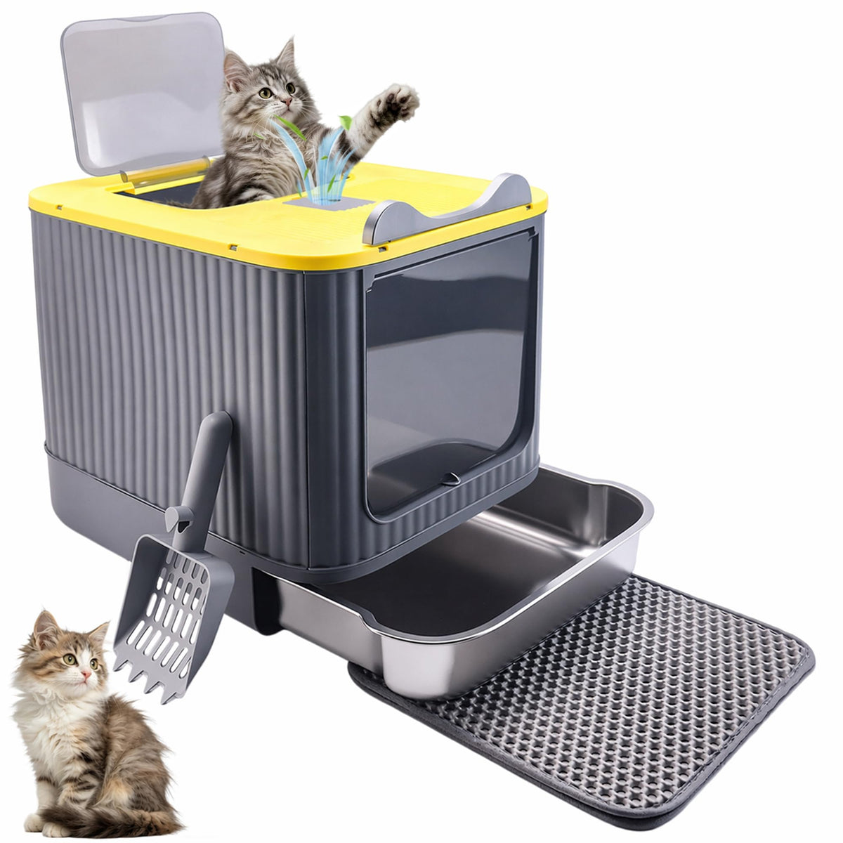 Stainless Steel Cat Litter Box Enclosed (Yellow)