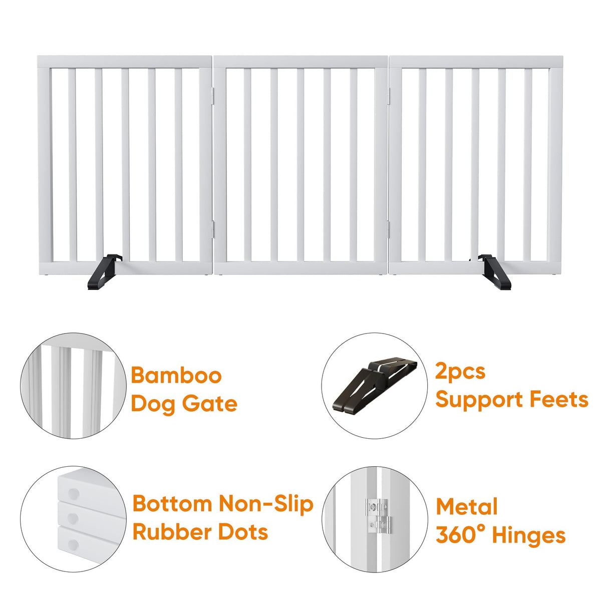 White 18 55" Wide Pet Gate (Bamboo Dog Gate White / 3 Panel - 55 inches Wide)