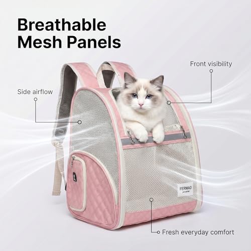 Cat Backpack Carrier for Small Dogs and Medium cat Puppy Kitten Bunny Pet Carrier Backpack Collapsible with Fully Ventilated Mesh with Safety Leash (Pink / 12.9"L x 10.62"W x 15.5"H)