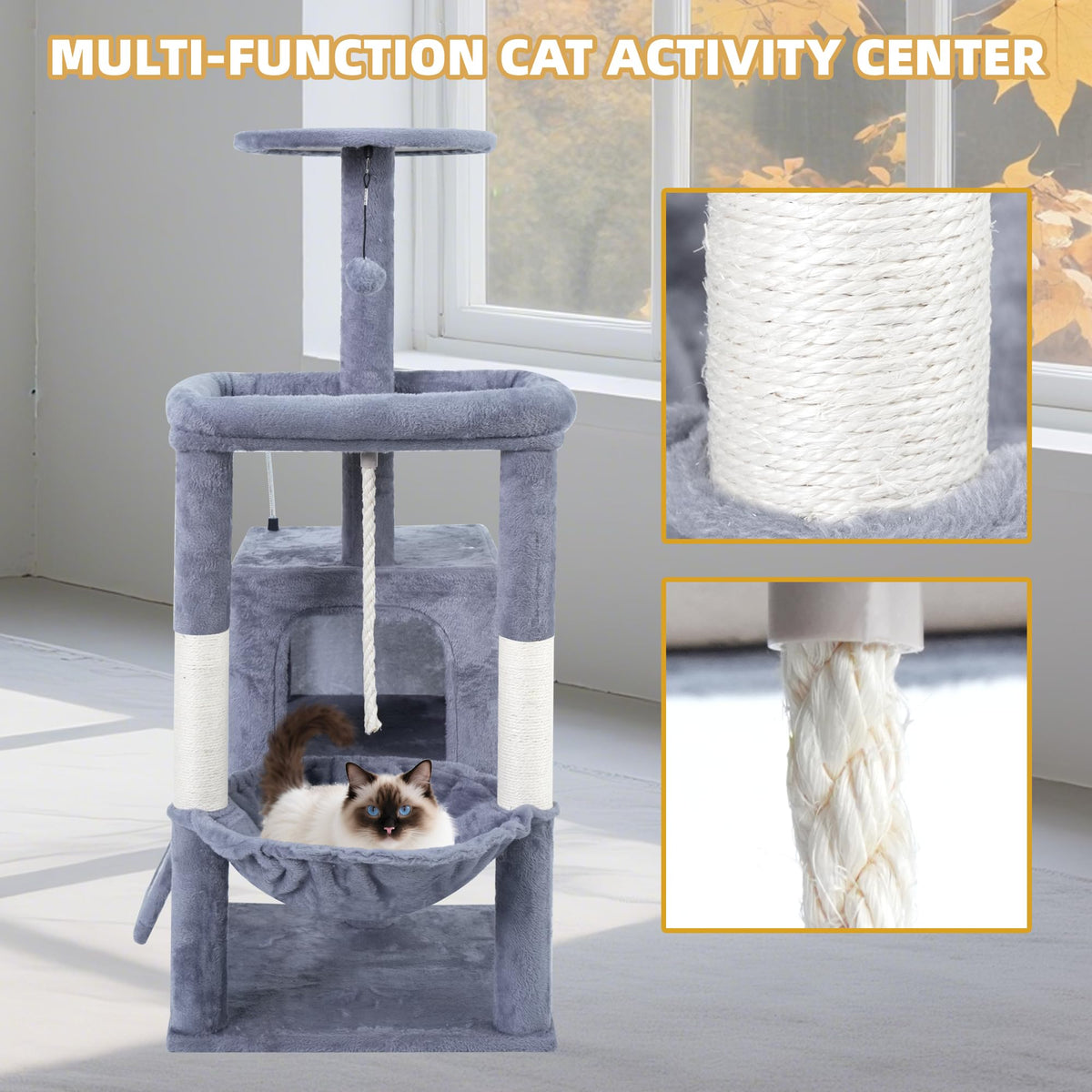 37.5" All-in-One Cat Tree Tower with Scratching Board & Posts Cozy Sleeping Perch Hammock and Toy Balls,Grey (37.5'' / Grey)